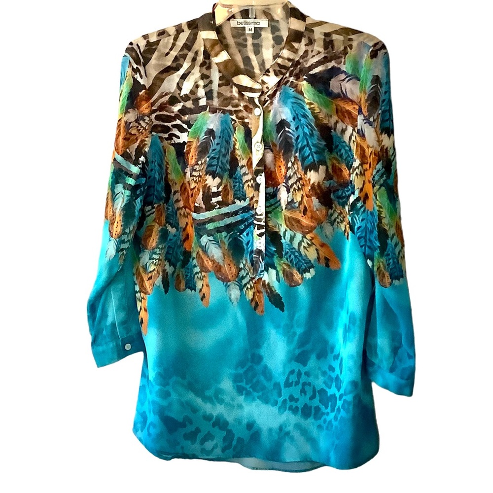 Vintage Made In USA Bellissima Sheer Cover Up Tunic Feather Print 3/4 Sl…